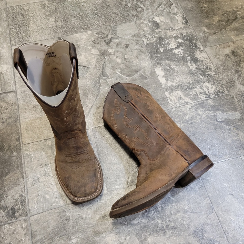 Western Cowboy Boots Brown Oiled Leather‎ Distressed Square Toe Kids 4D